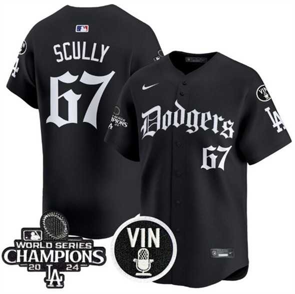 Men%27s Los Angeles Dodgers #67 Vin Scully Black Mexico 2025 LA Gothic Style With Vin And 2024 World Series Champions Patch Vapor Premier Limited Stitched Jersey Dzhi